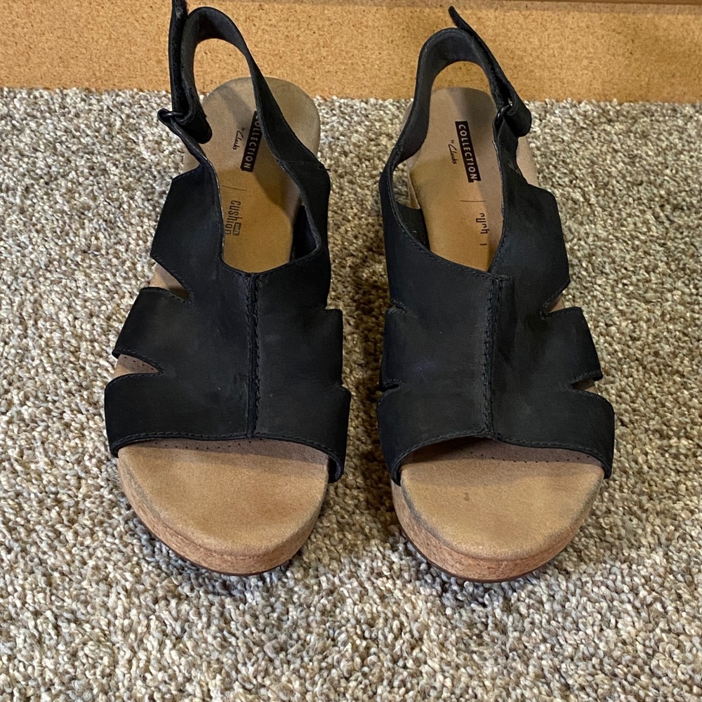 Clarks Collection Black Nubuck Cork Wedge Sandals Womens 11 261329484085